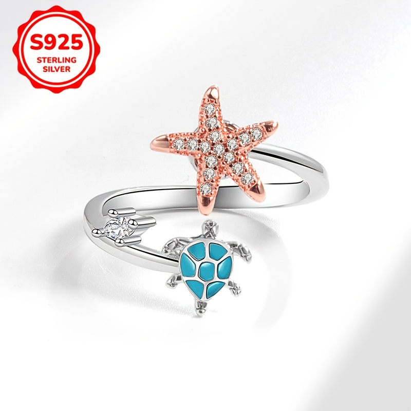 S925 Silver Turtle Star Rotating Ring Synthetic Zirconia Beach Style